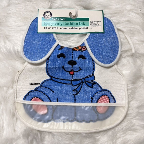 Gerber Other - Vintage Gerber toddler Tie-On Bib Crumb Catcher Pocket Polyster/Vinyl Blue Dog